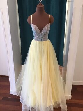 La Femme Yellow Tulle Gown with Silver Crystal Bodice